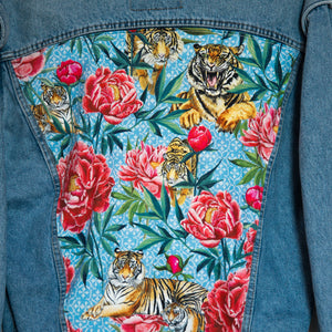 'Carerra' denim jacket, Tigers and Peonies design
