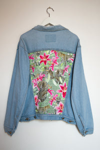 'Green coast' denim jacket, Leopards and Lilies design