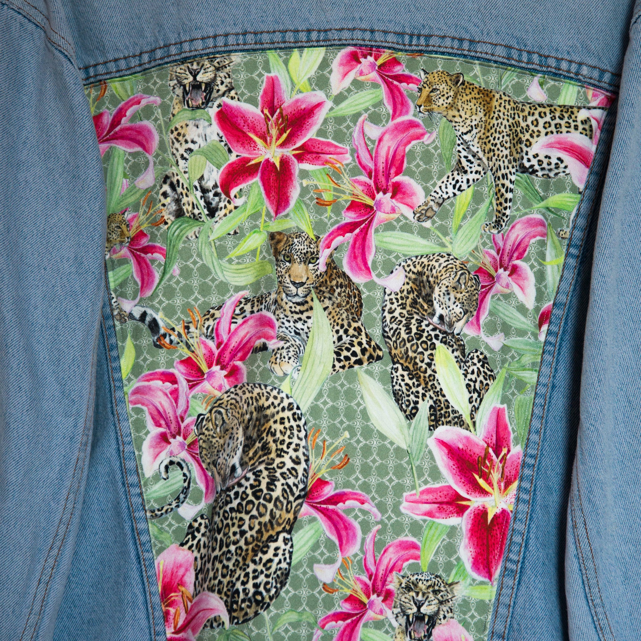 Green coast' denim jacket, Leopards and Lilies design – Luchie Designs
