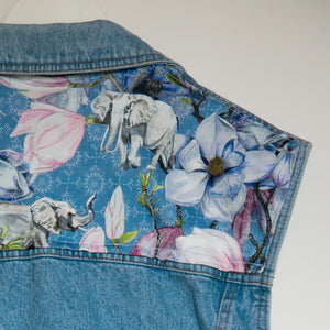 'Love for nature' Denim waistcoat, Blue Magnolia Elephant design