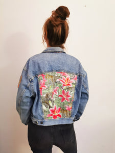 The Tribal 'Turquoise World' Denim Jacket, Green Leopard Lily design