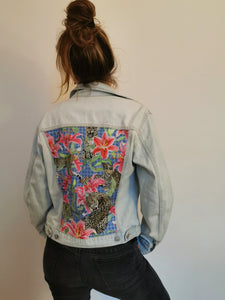 'United colours of Benetton' denim jacket, Leopards and Lilies design