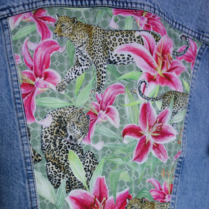 The Tribal 'Turquoise World' Denim Jacket, Green Leopard Lily design