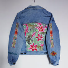 Load image into Gallery viewer, The Tribal &#39;Turquoise World&#39; Denim Jacket, Green Leopard Lily design